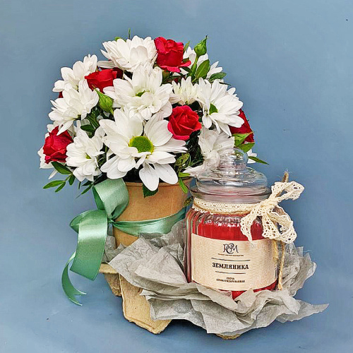 Сет "Романтичный". Набор стаканчик с цветами и аромасвечой в банке арт. 70191