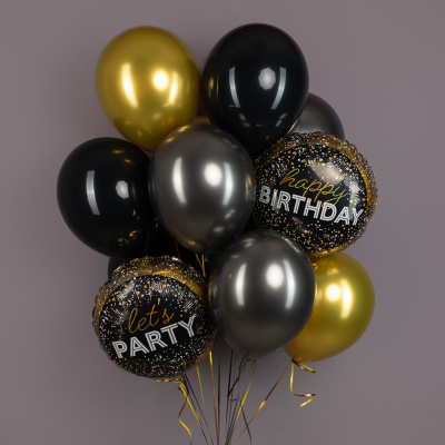 Связка воздушных шаров "С днем рождения" черный с золотом N 92435