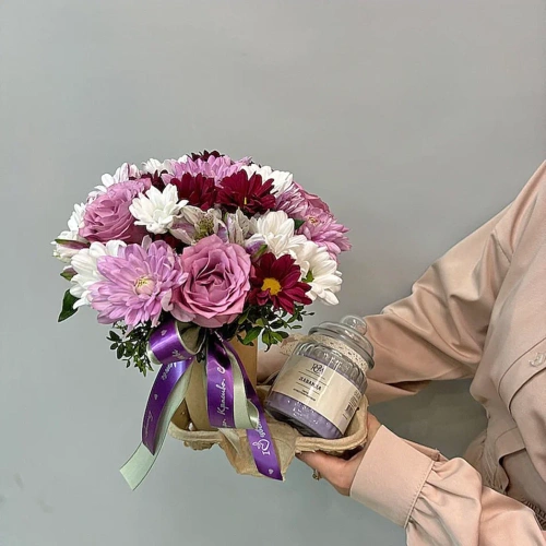 Сет "Лаванда". Набор стаканчик с цветами и аромасвечой в банке арт. 70396